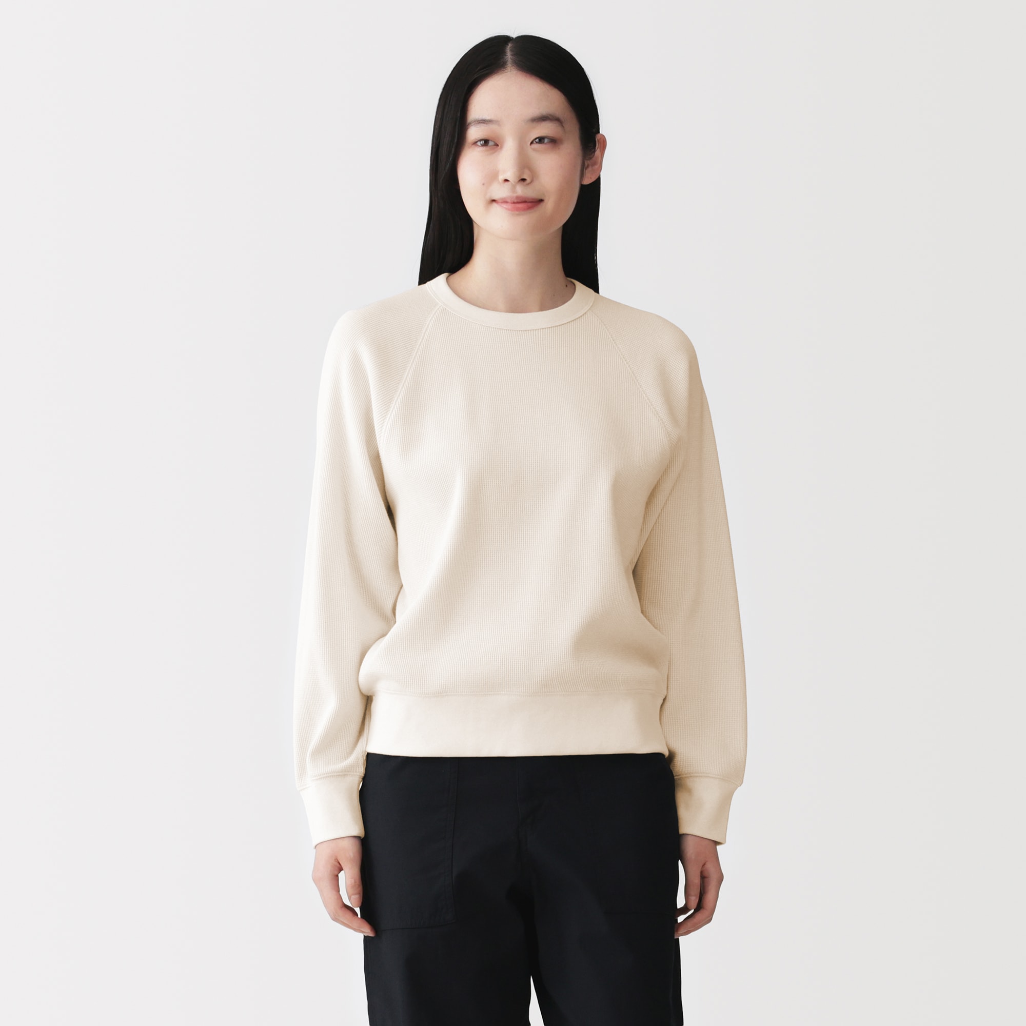 【RRL】美品アイボリー ワッフル編み テクスチャード　クルーネック 婦人 ワッフル編みクルーネック長袖Tシャツ | 無印良品