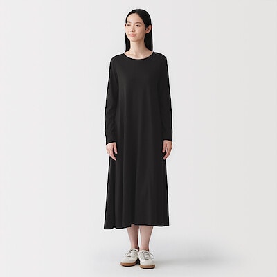 婦人　なめらか天竺編みクルーネック長袖ワンピース
