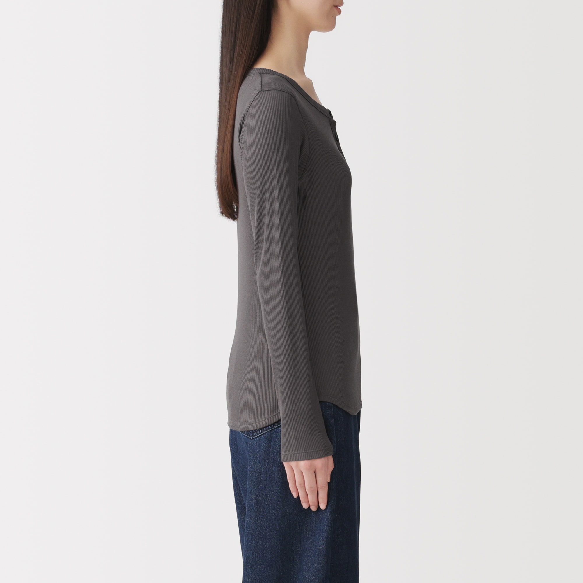 婦人　なめらかリブ編みヘンリーネック長袖Ｔシャツ