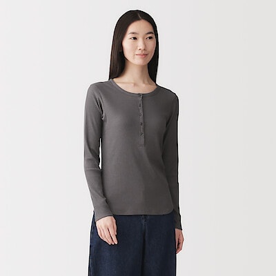 婦人　なめらかリブ編みヘンリーネック長袖Ｔシャツ