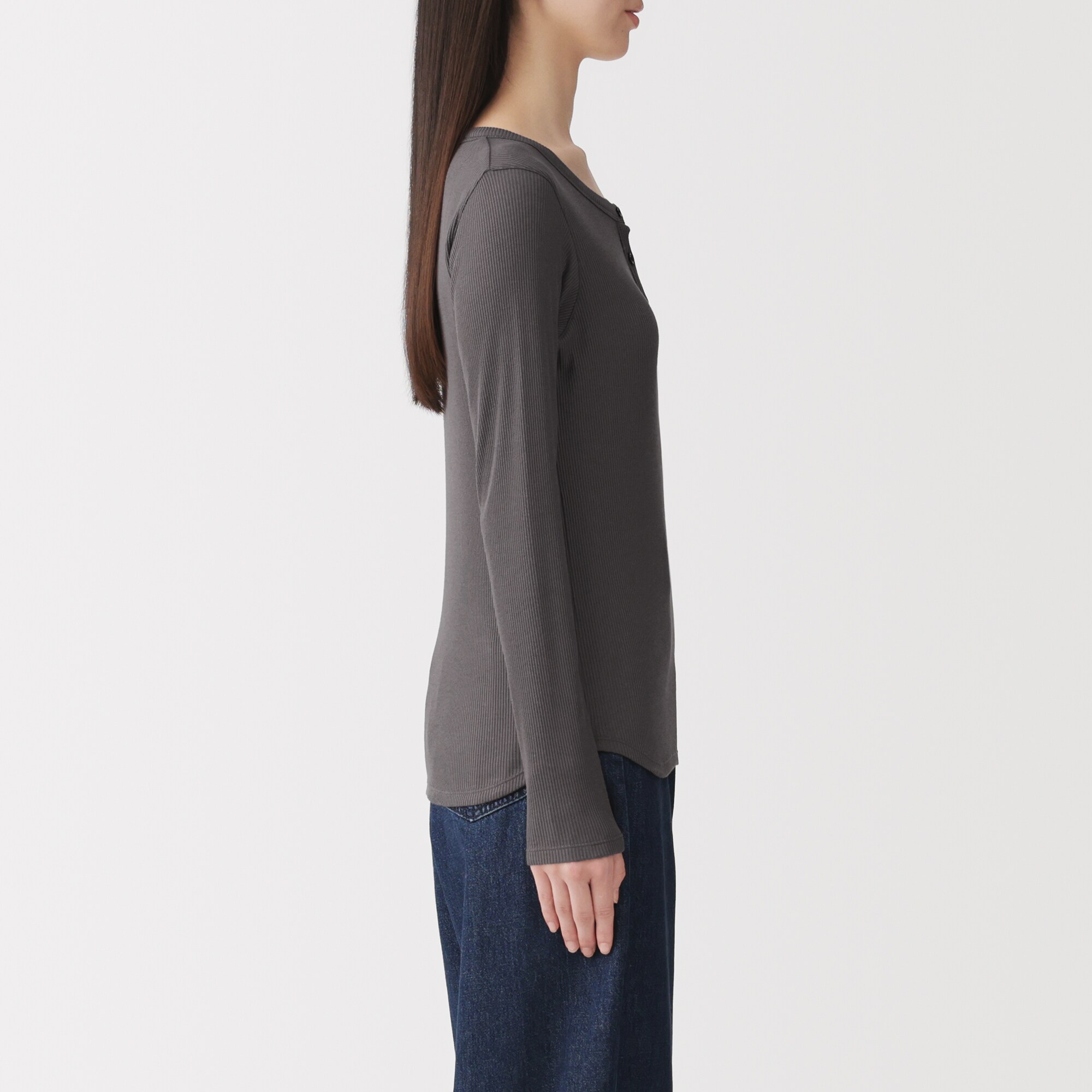 婦人　なめらかリブ編みヘンリーネック長袖Ｔシャツ