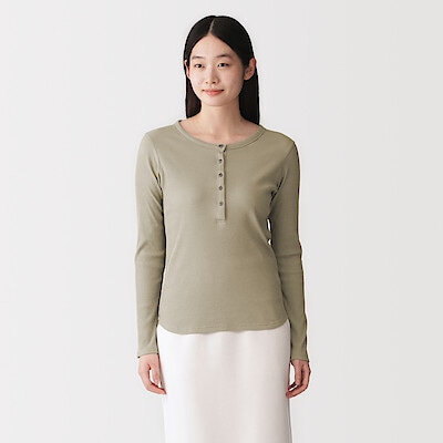 婦人　なめらかリブ編みヘンリーネック長袖Ｔシャツ