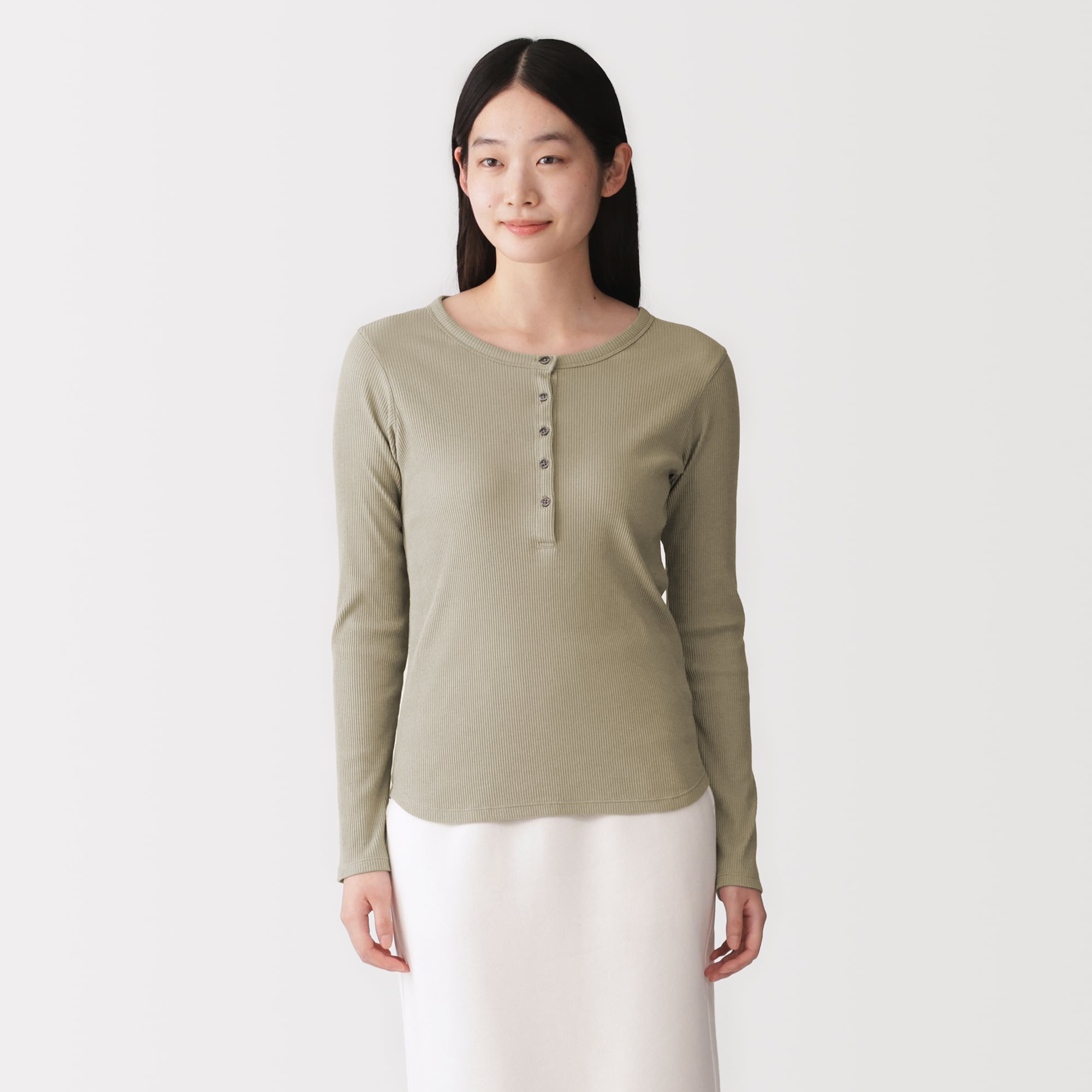 婦人　なめらかリブ編みヘンリーネック長袖Ｔシャツ