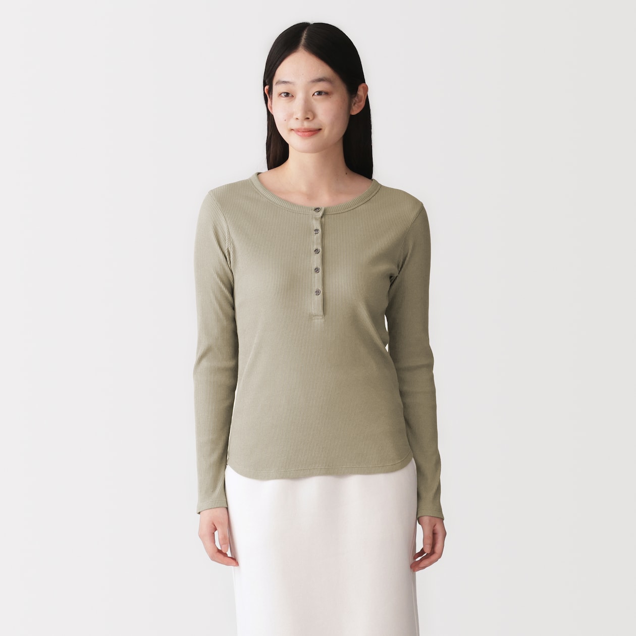 婦人　なめらかリブ編みヘンリーネック長袖Ｔシャツ