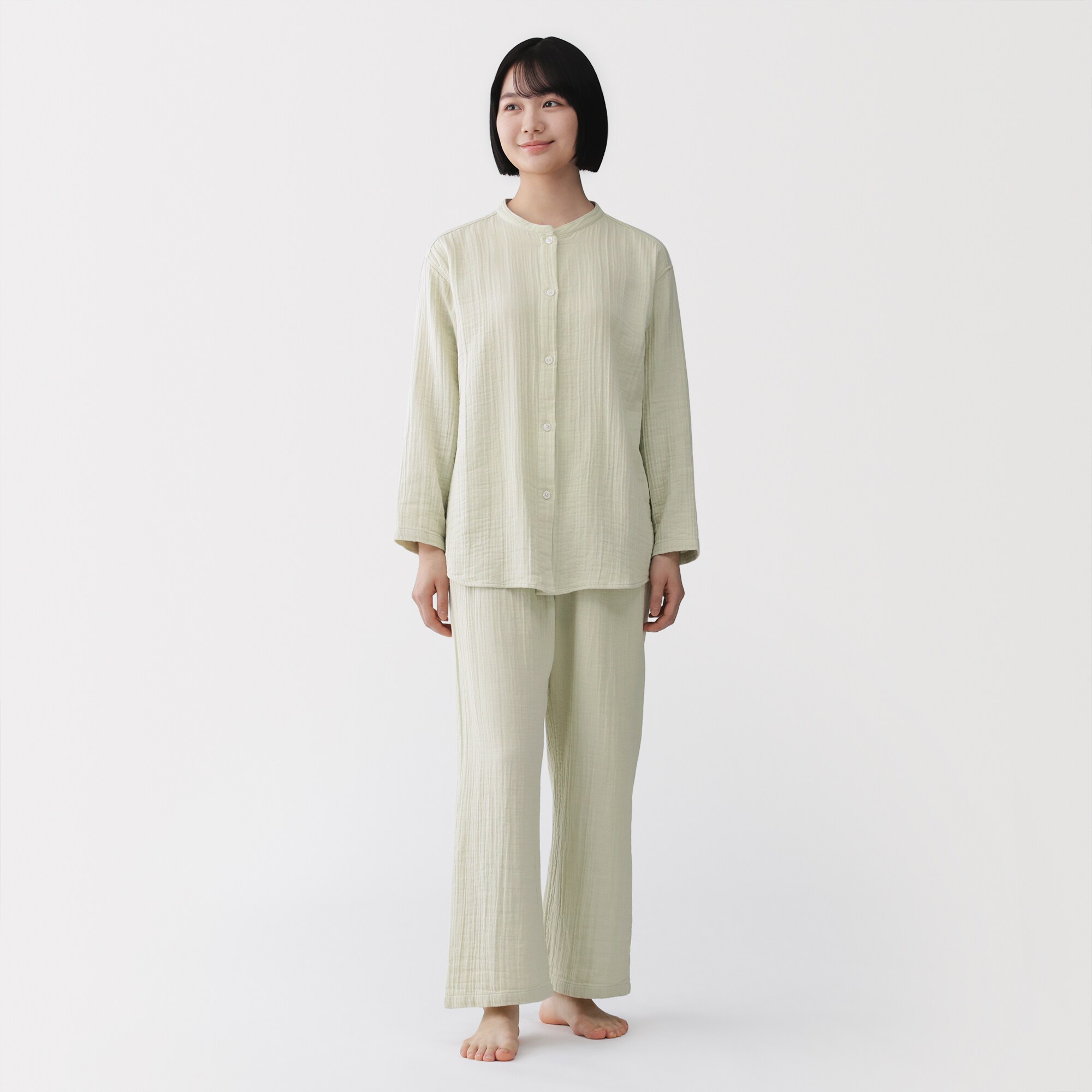 婦人　脇に縫い目のない　チーズクロスガーゼ長袖パジャマ　