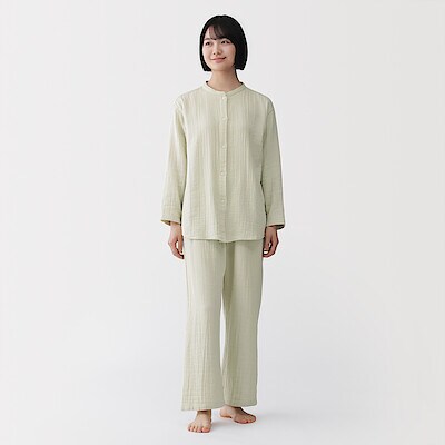 婦人　脇に縫い目のない　チーズクロスガーゼ長袖パジャマ　