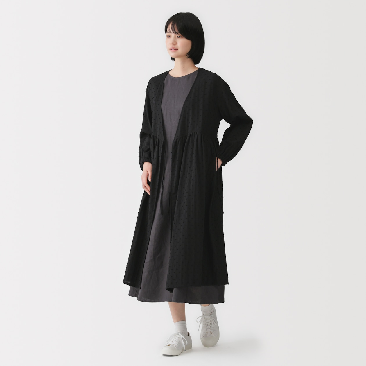 婦人　二重ガーゼ　ドットドビー　ロングカーディガン