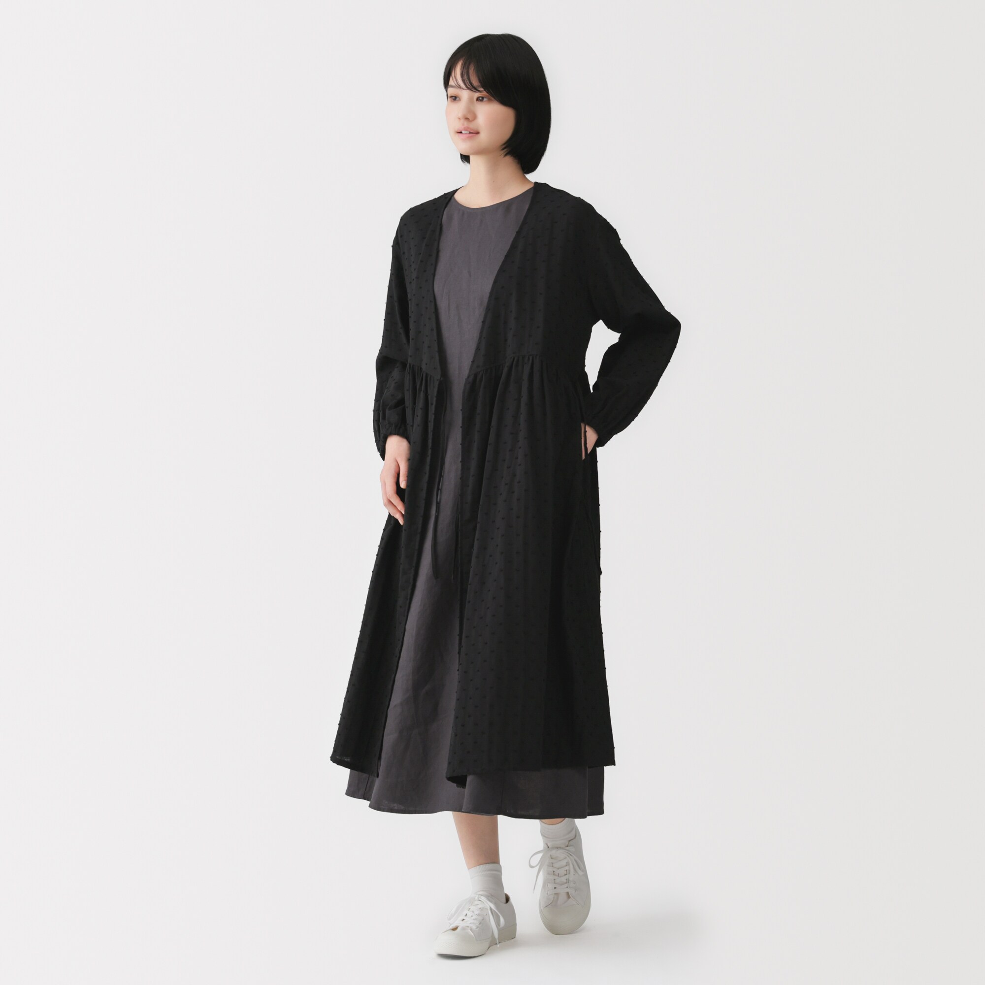 婦人　二重ガーゼ　ドットドビー　ロングカーディガン