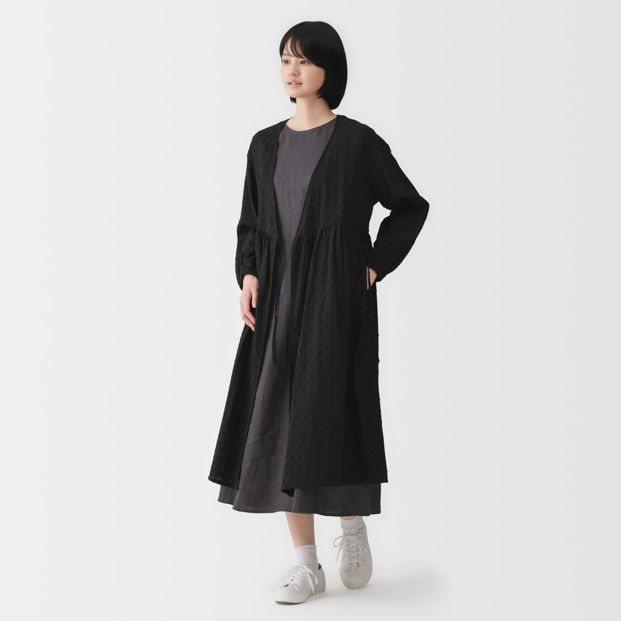 無印良品   二重ガーゼドットドビーロングカーディガン黒、サイズM、  他 婦人 二重ガーゼ ドットドビー ロングカーディガン | 無印良品