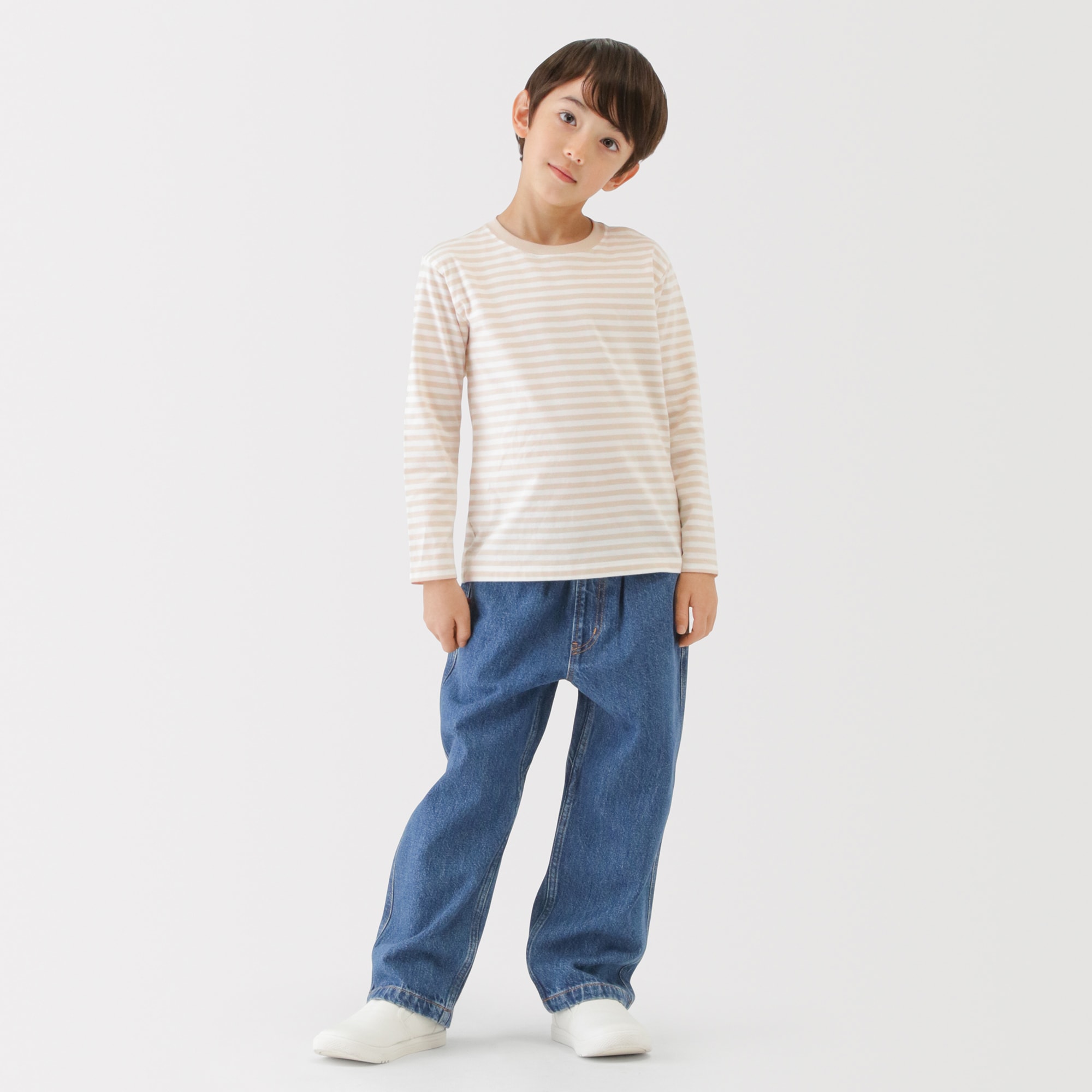 キッズ　綿天竺編みクルーネック長袖Ｔシャツ　ボーダー