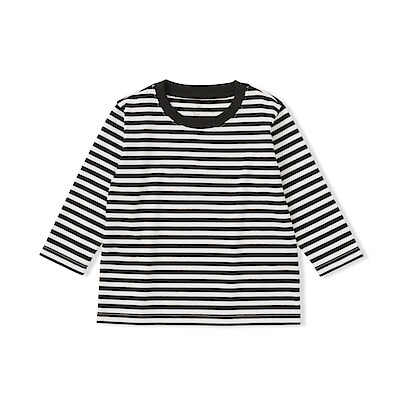 ベビー　あたまするっと　綿天竺編みクルーネック長袖Ｔシャツ　ボーダー