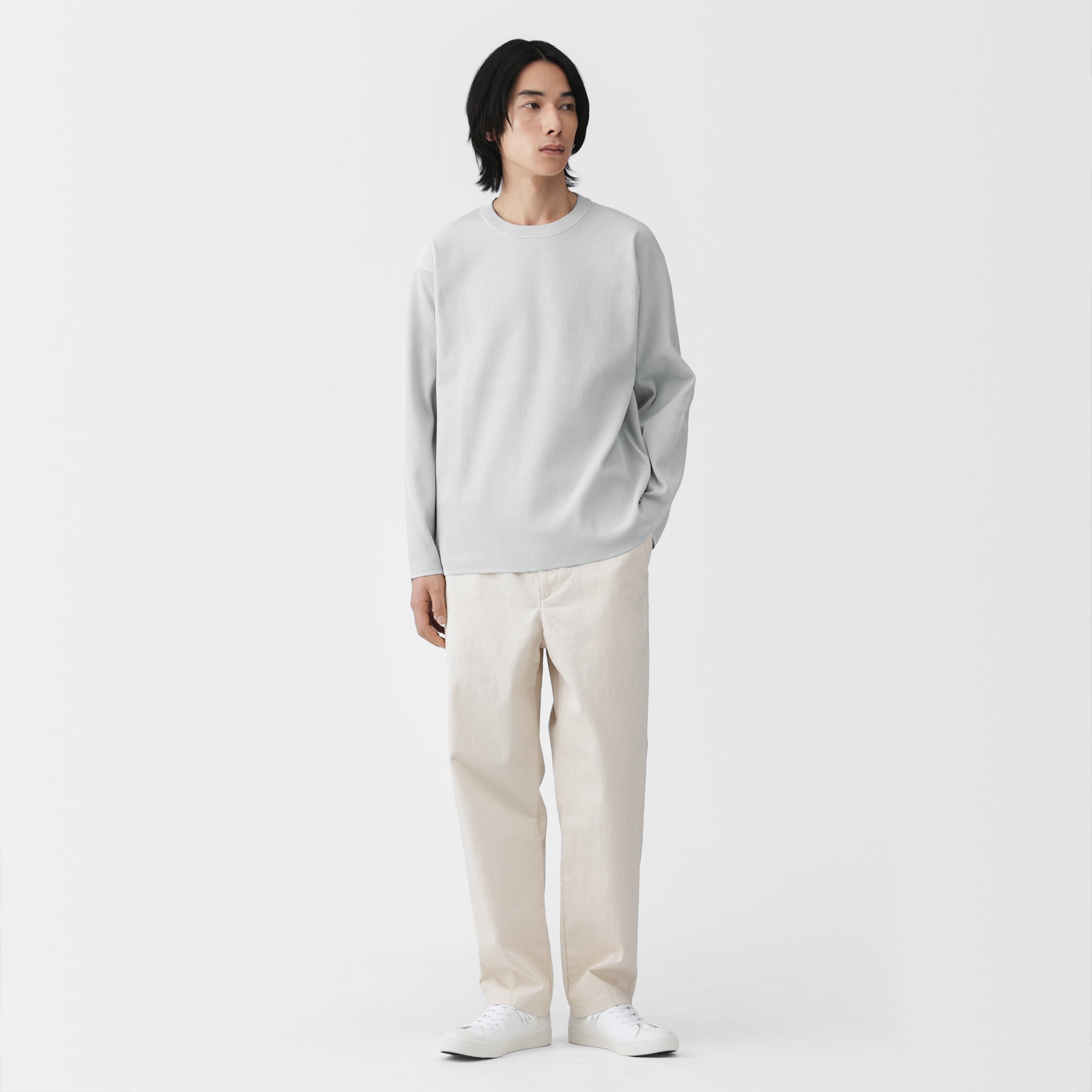 紳士 乾きやすい洗えるリブ編み長袖ニットTシャツ | 無印良品