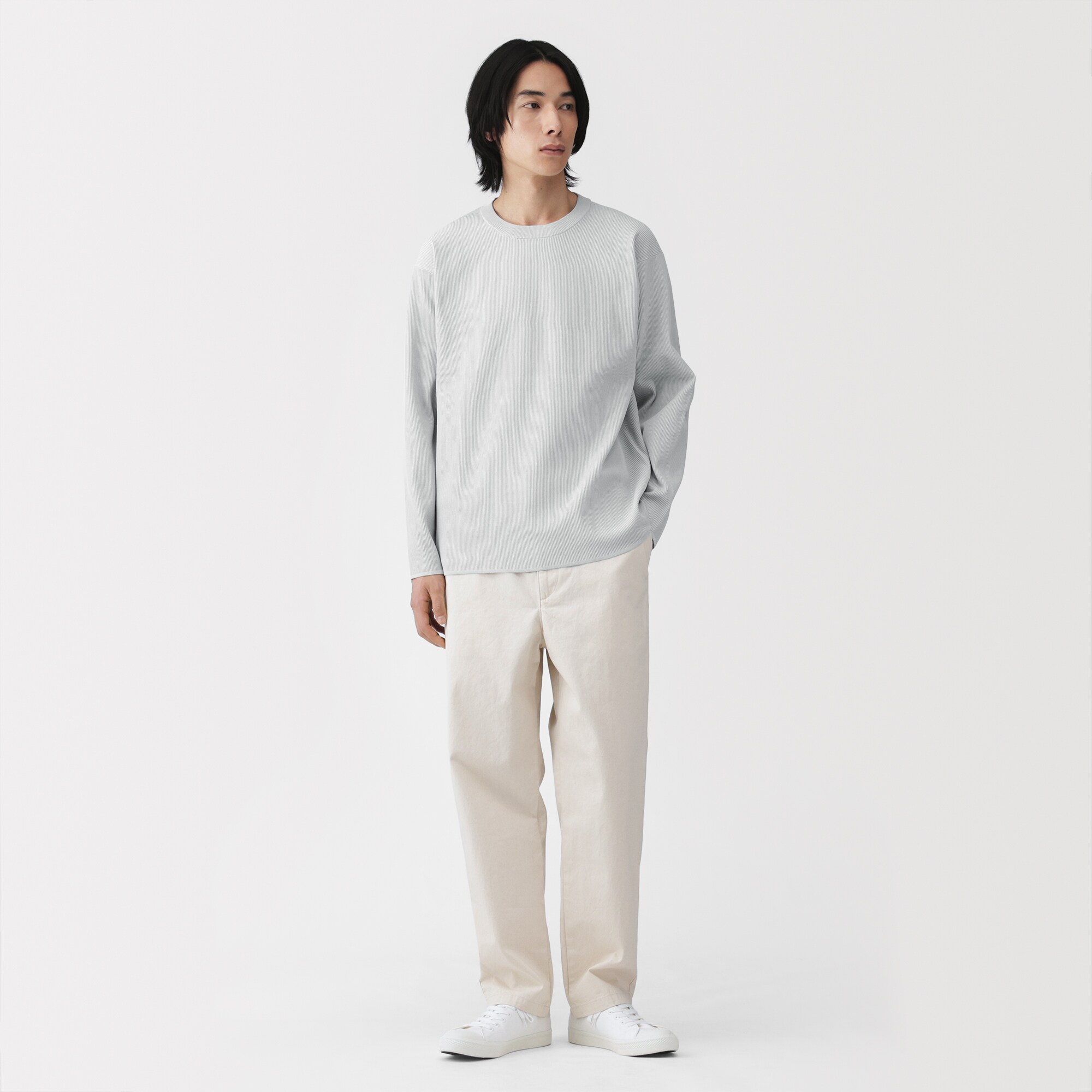 紳士　乾きやすい洗えるリブ編み長袖ニットＴシャツ