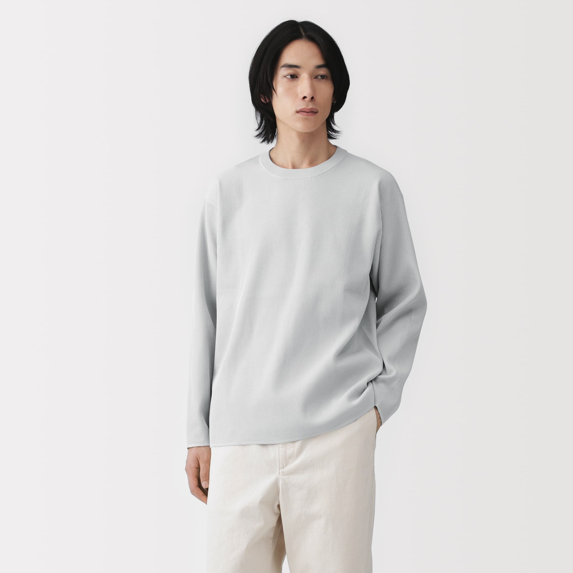 紳士　乾きやすい洗えるリブ編み長袖ニットＴシャツ