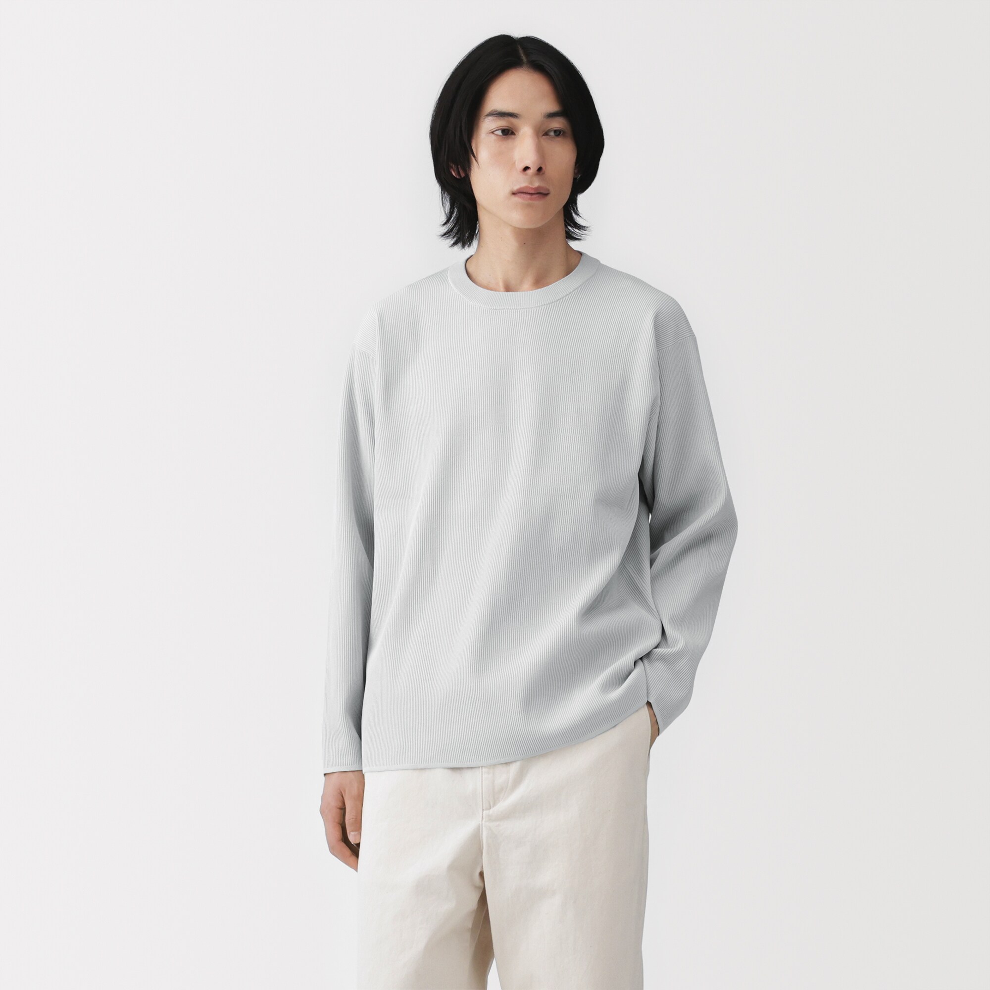 紳士　乾きやすい洗えるリブ編み長袖ニットＴシャツ