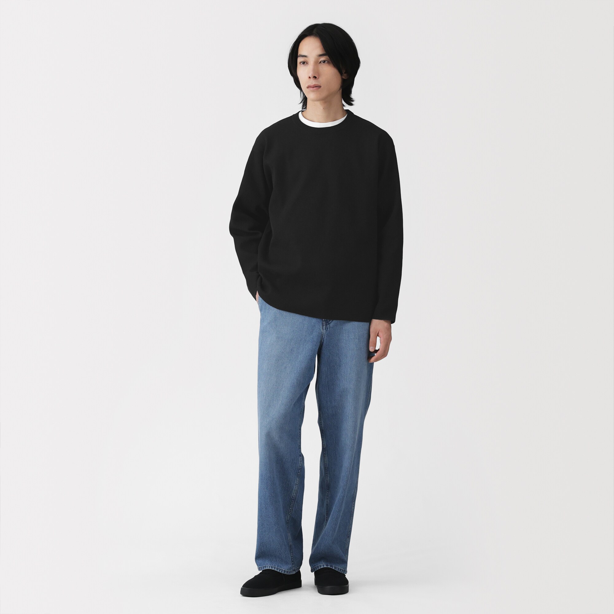 紳士 乾きやすい洗えるリブ編み長袖ニットTシャツ | 無印良品
