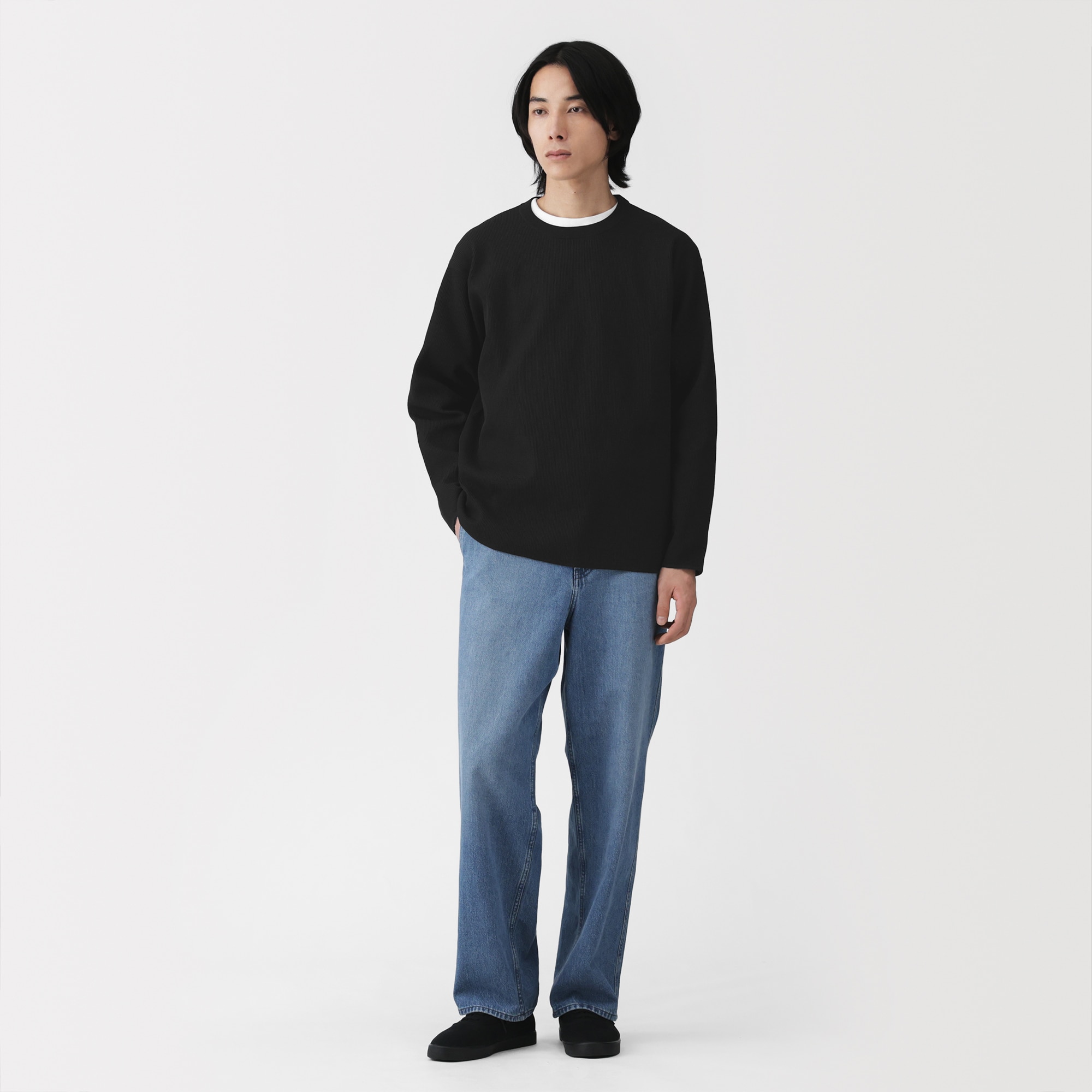 [新品　タグ付き] nagonstans リブ編み ニット　長袖　ニットトップス 紳士 乾きやすい洗えるリブ編み長袖ニットTシャツ | 無印良品