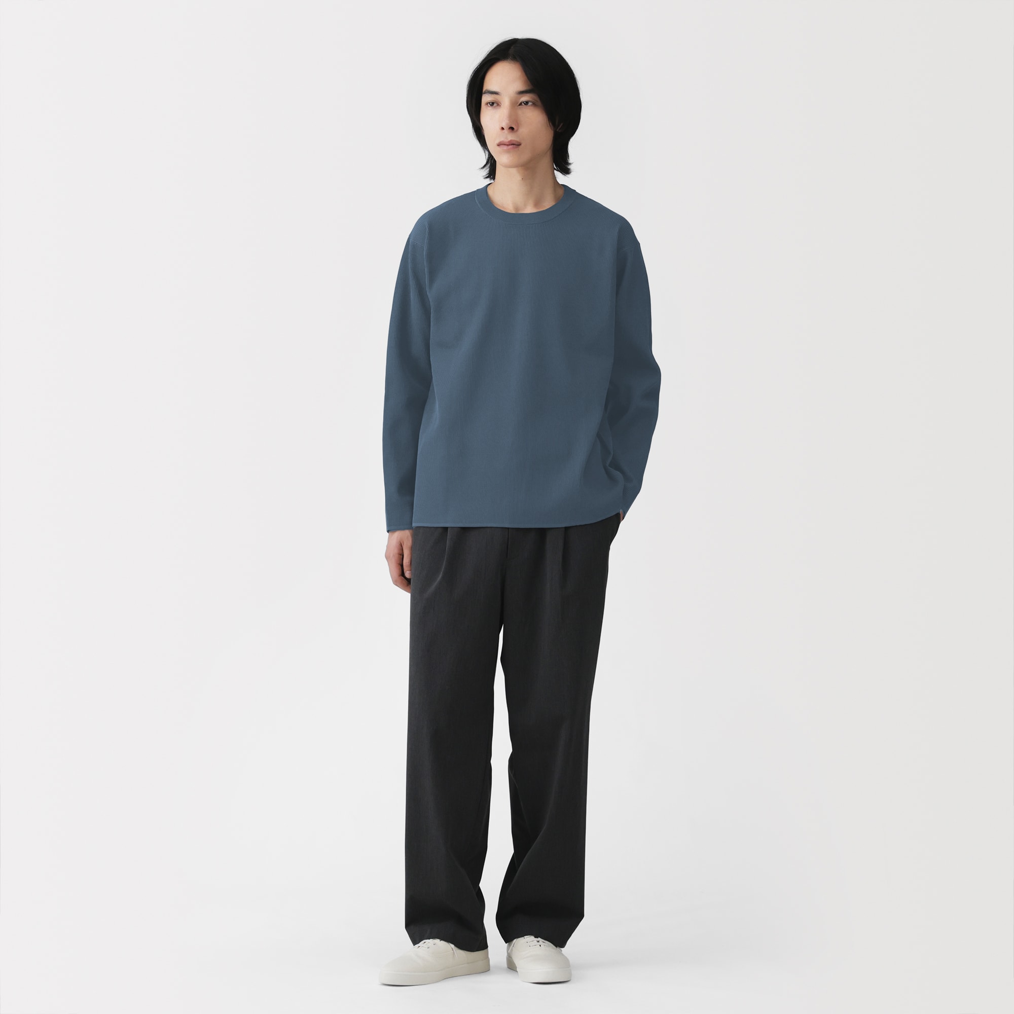 紳士 乾きやすい洗えるリブ編み長袖ニットTシャツ | 無印良品
