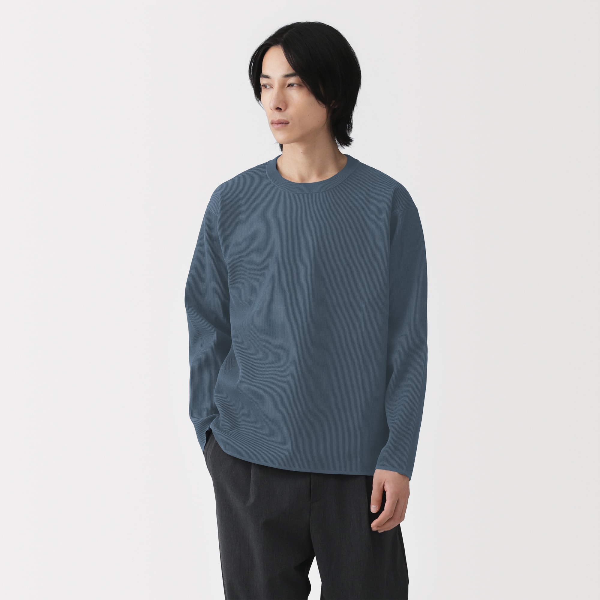 Me Issei Miyake ダークグレー リブ編み 半袖Tシャツ THRASHER (スラッシャー) ヘンリーネック Tシャツ 半袖 ロゴ刺繍 リブ