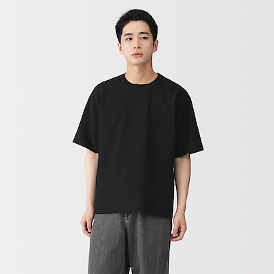 紳士 乾きやすい洗えるリブ編み半袖ニットTシャツ