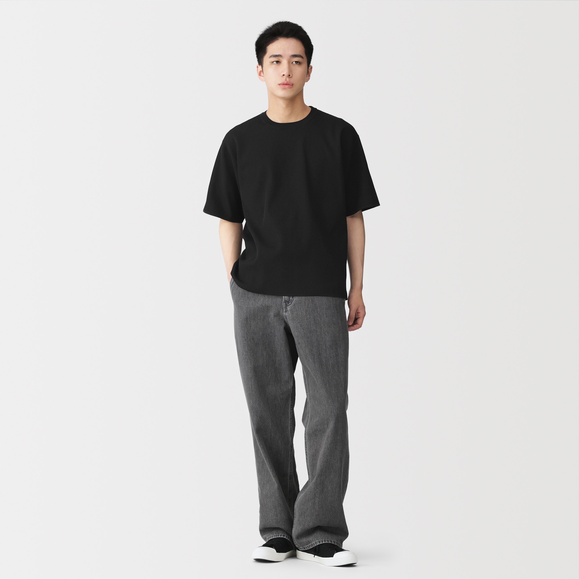 紳士 乾きやすい洗えるリブ編み半袖ニットTシャツ | 無印良品
