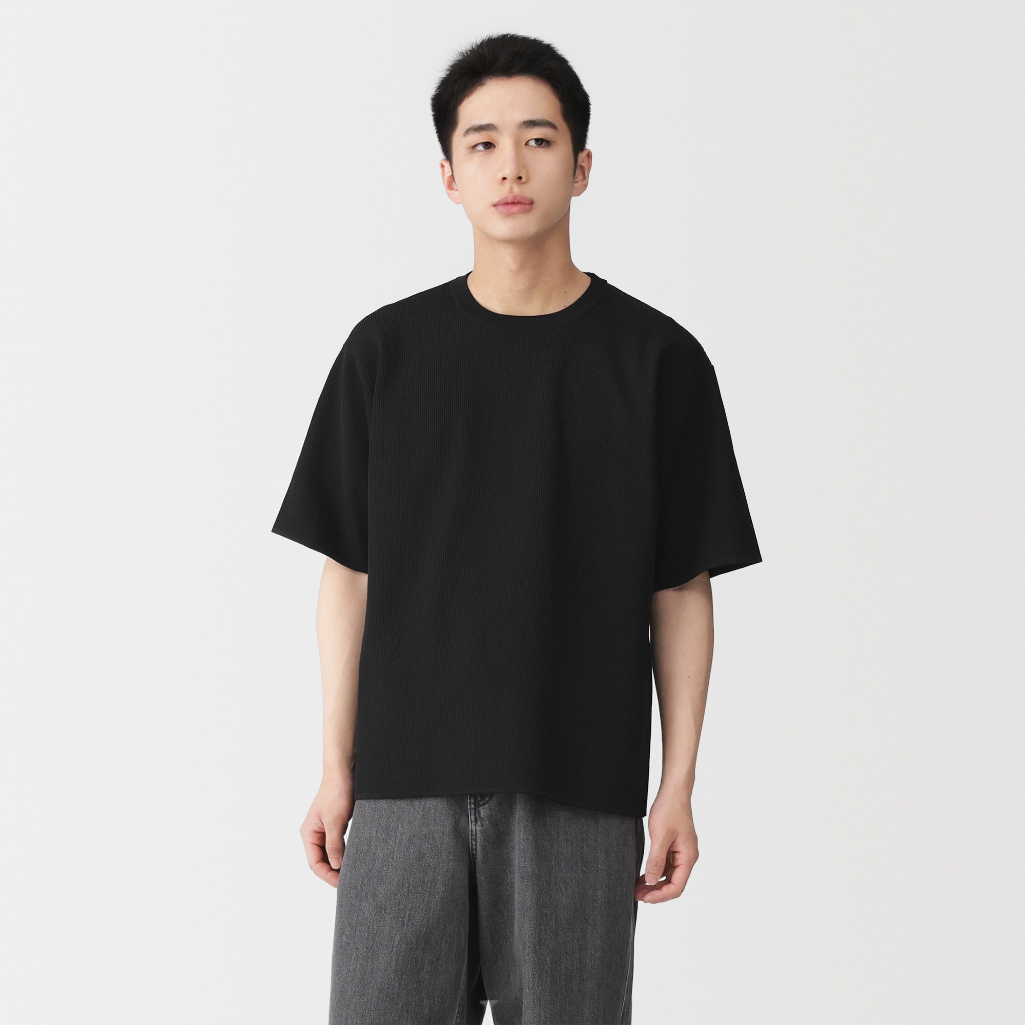 紳士 乾きやすい洗えるリブ編み半袖ニットTシャツ | 無印良品