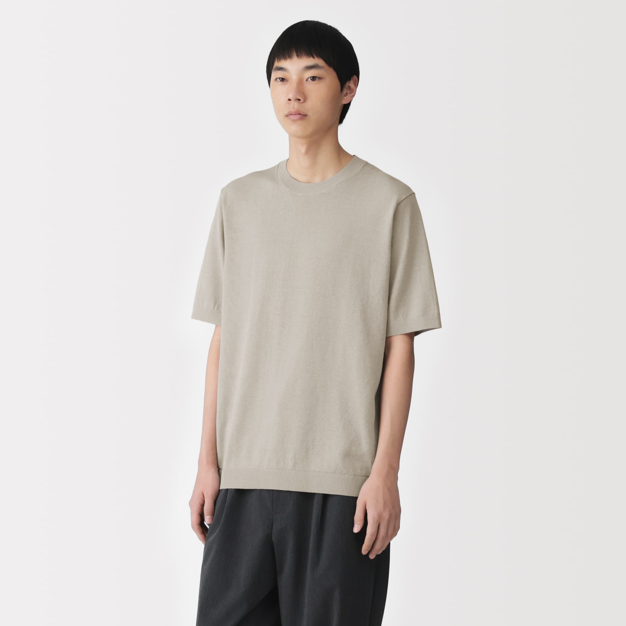 紳士　ヘンプ混クルーネック半袖セーター