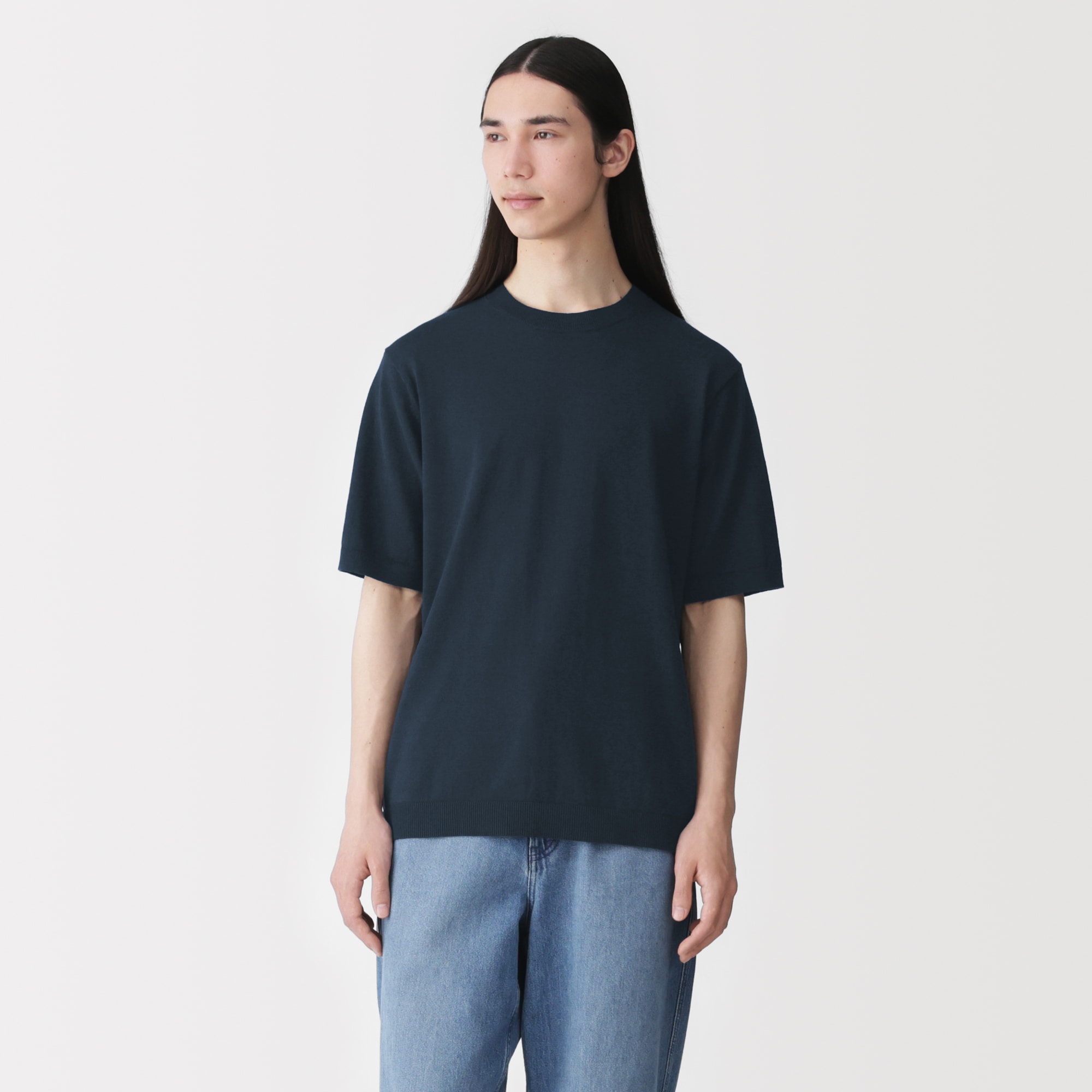 紳士　ヘンプ混クルーネック半袖セーター