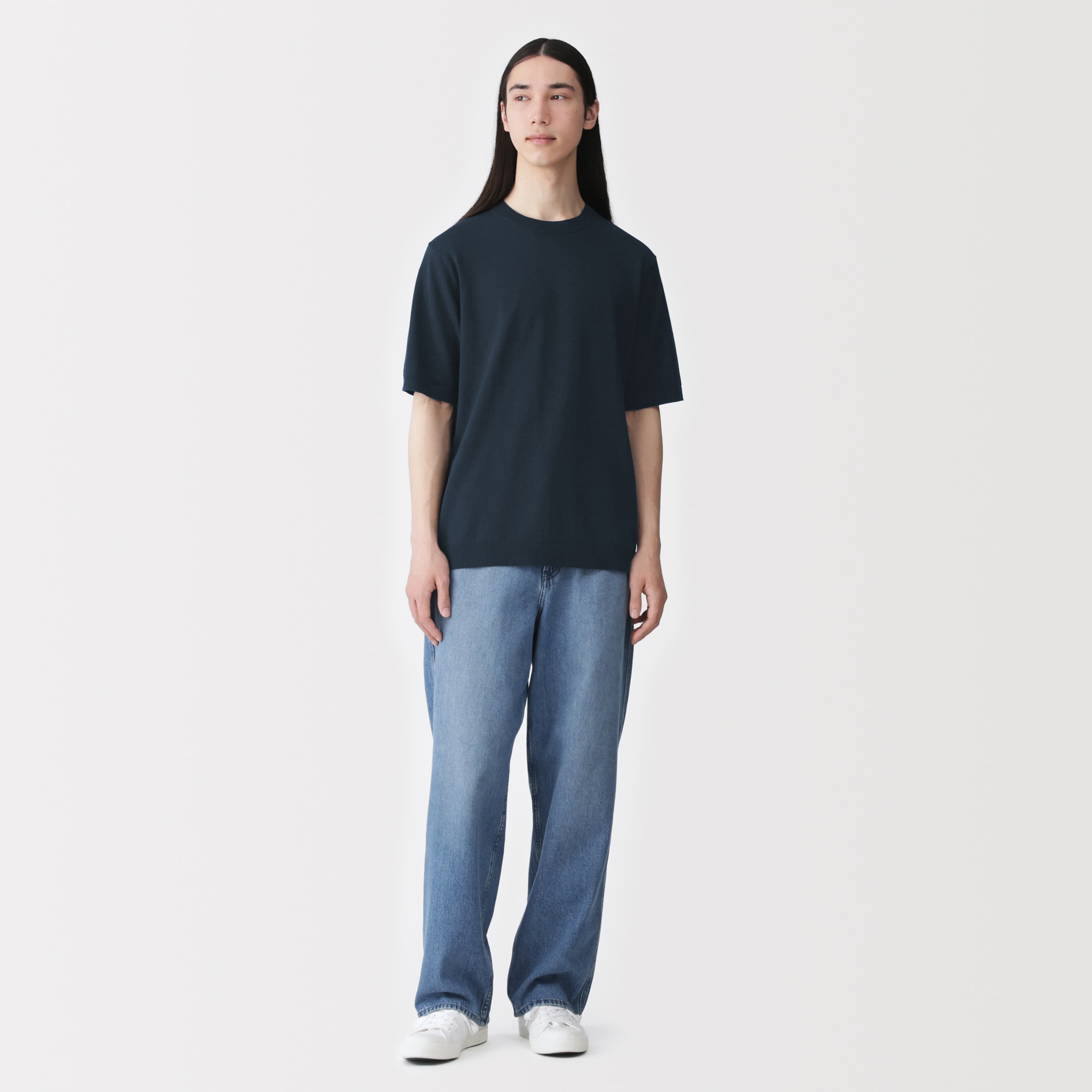 紳士　ヘンプ混クルーネック半袖セーター