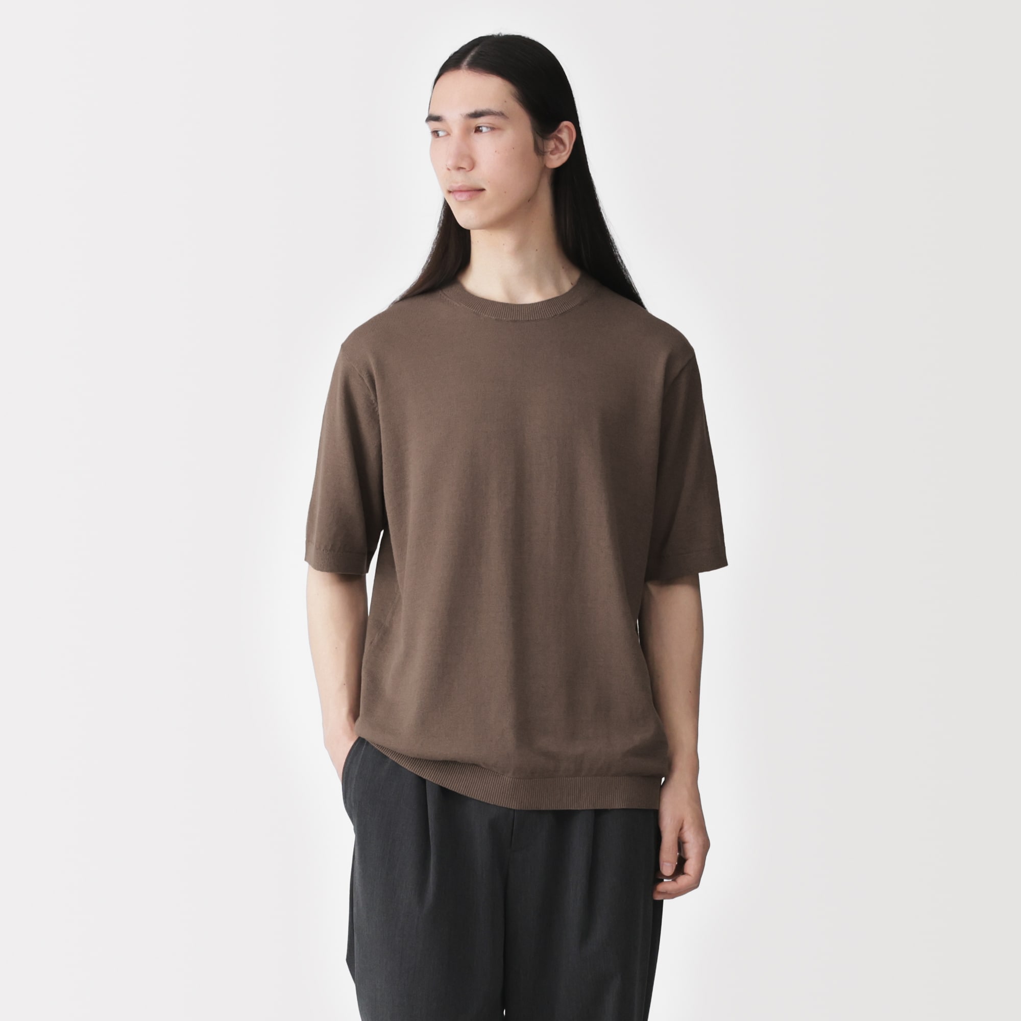 紳士　ヘンプ混クルーネック半袖セーター