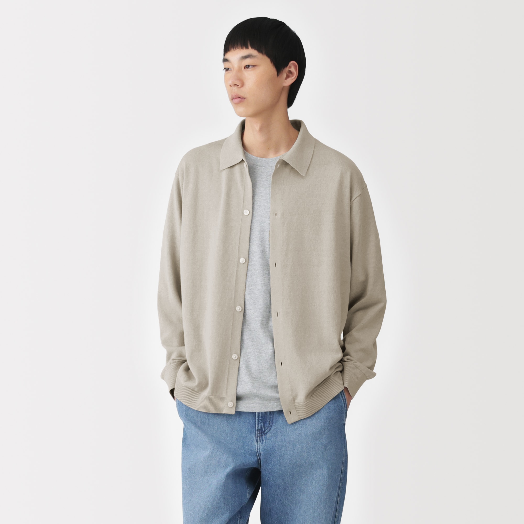 紳士　ヘンプ混長袖シャツカーディガン