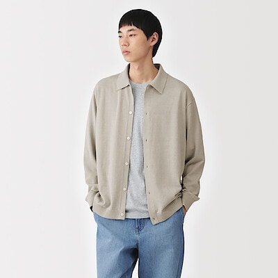 紳士　ヘンプ混長袖ニットシャツカーディガン