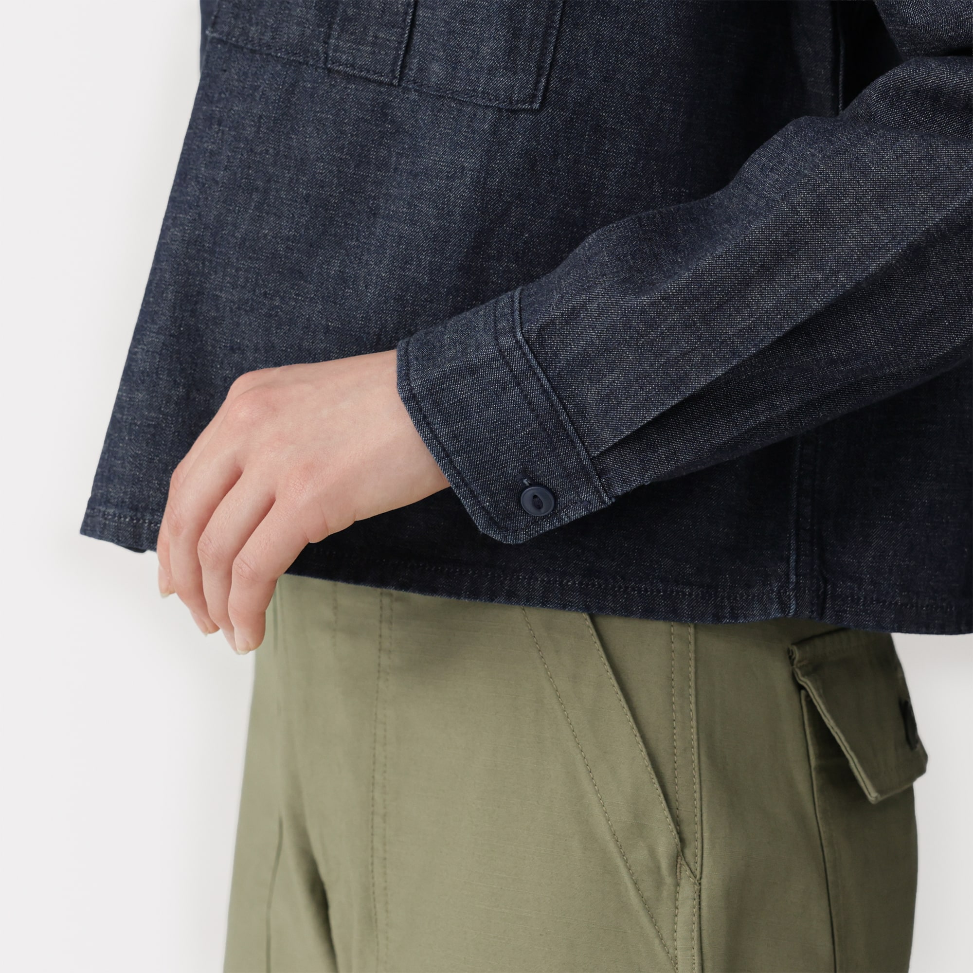 婦人　カポック混　ライトデニム　長袖シャツ