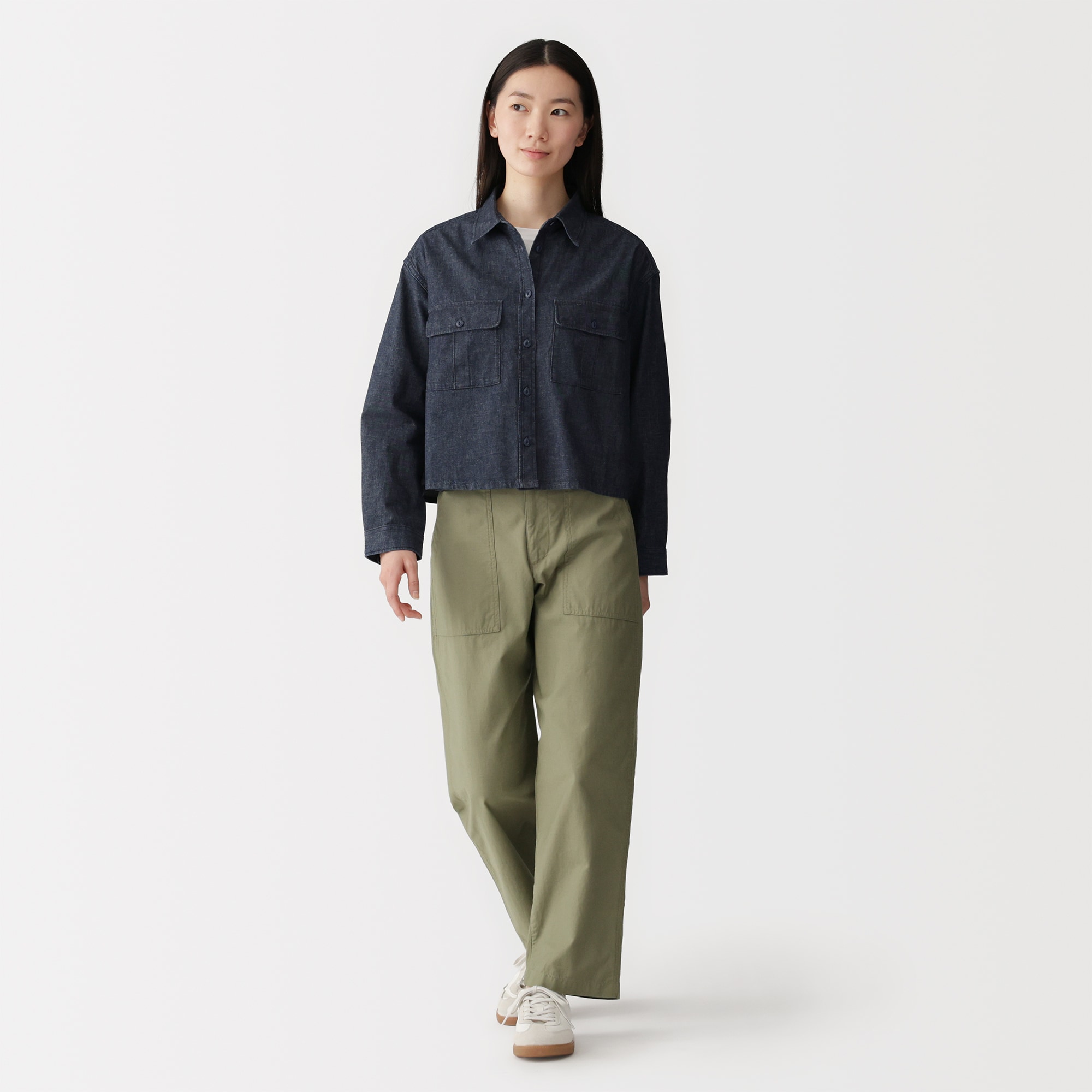 婦人　カポック混　ライトデニム　長袖シャツ