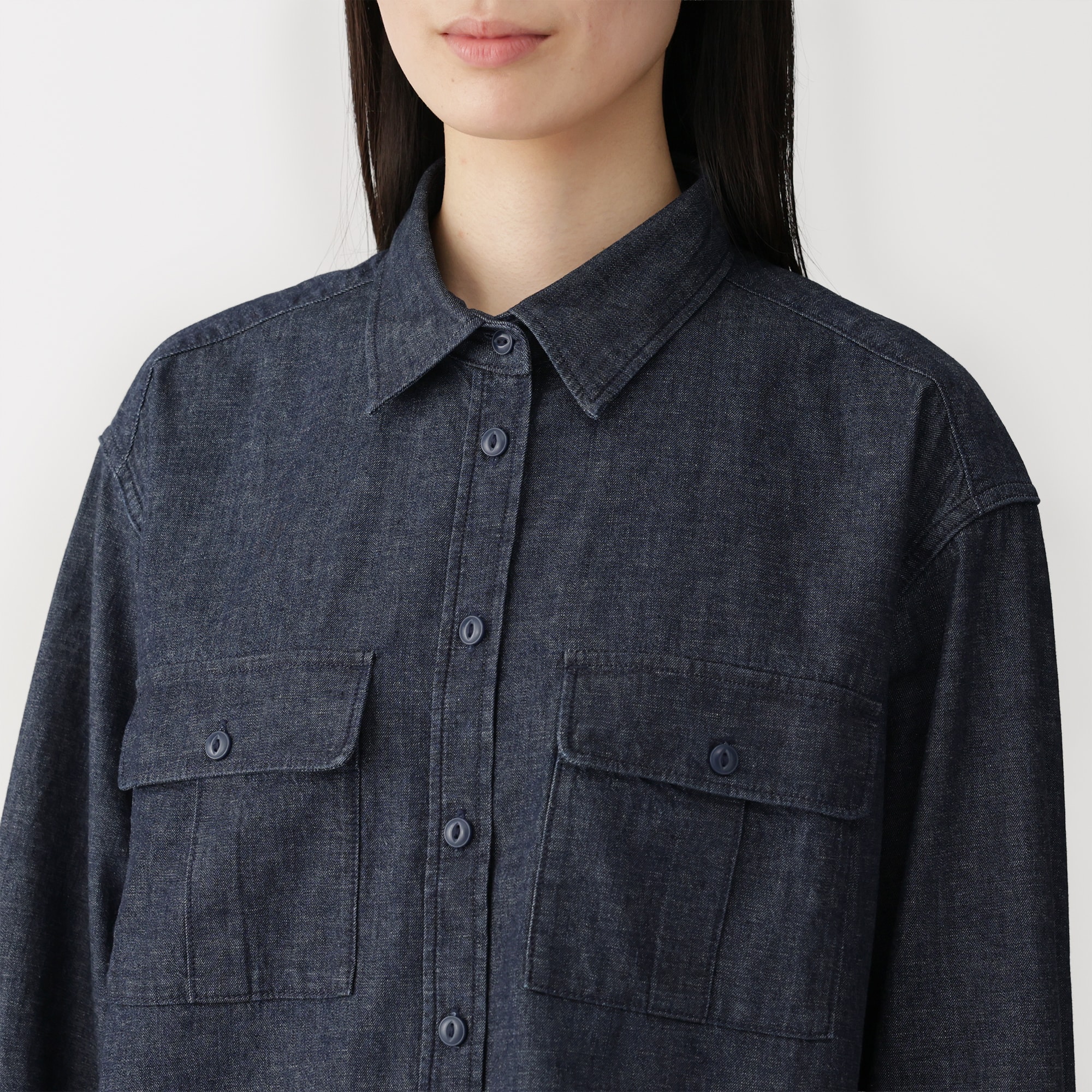 婦人　カポック混　ライトデニム　長袖シャツ