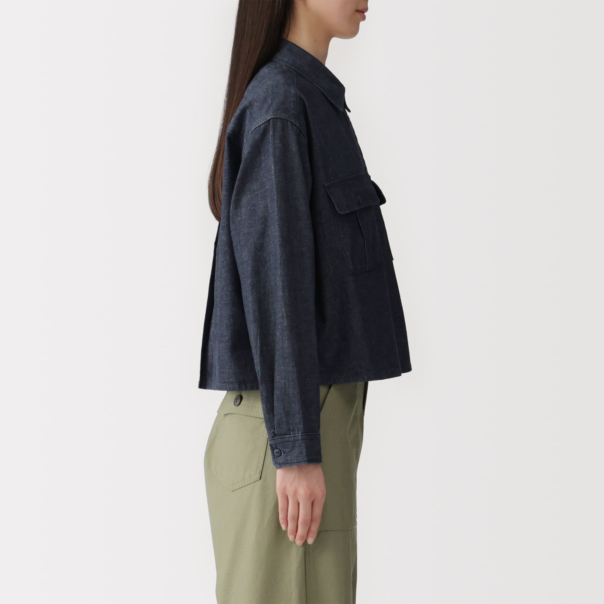 婦人　カポック混　ライトデニム　長袖シャツ