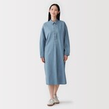 婦人　カポック混　ライトデニム　長袖ワンピース