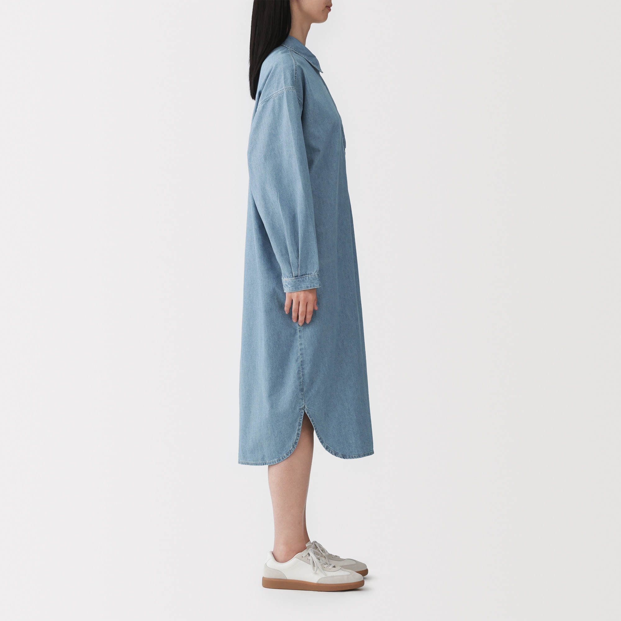 婦人　カポック混　ライトデニム　長袖ワンピース