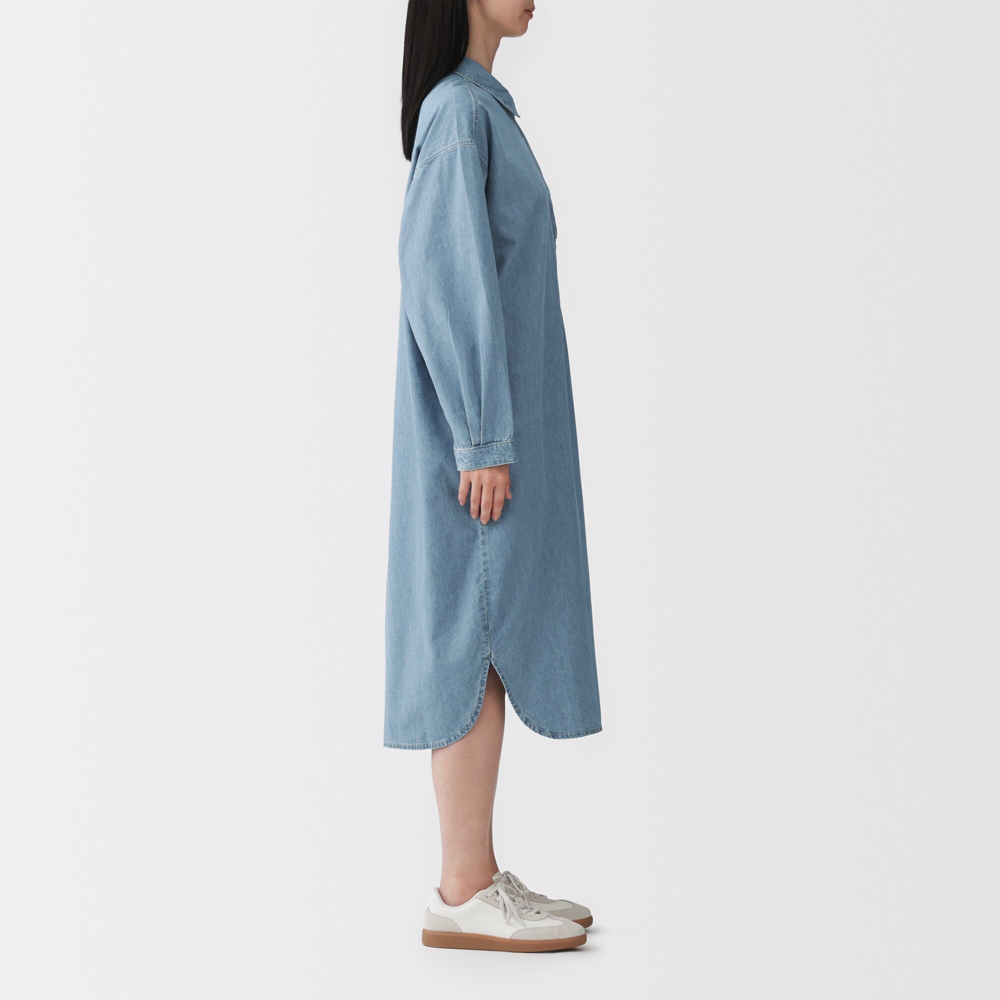 婦人　カポック混　ライトデニム　長袖ワンピース