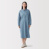 婦人　カポック混　ライトデニム　長袖ワンピース