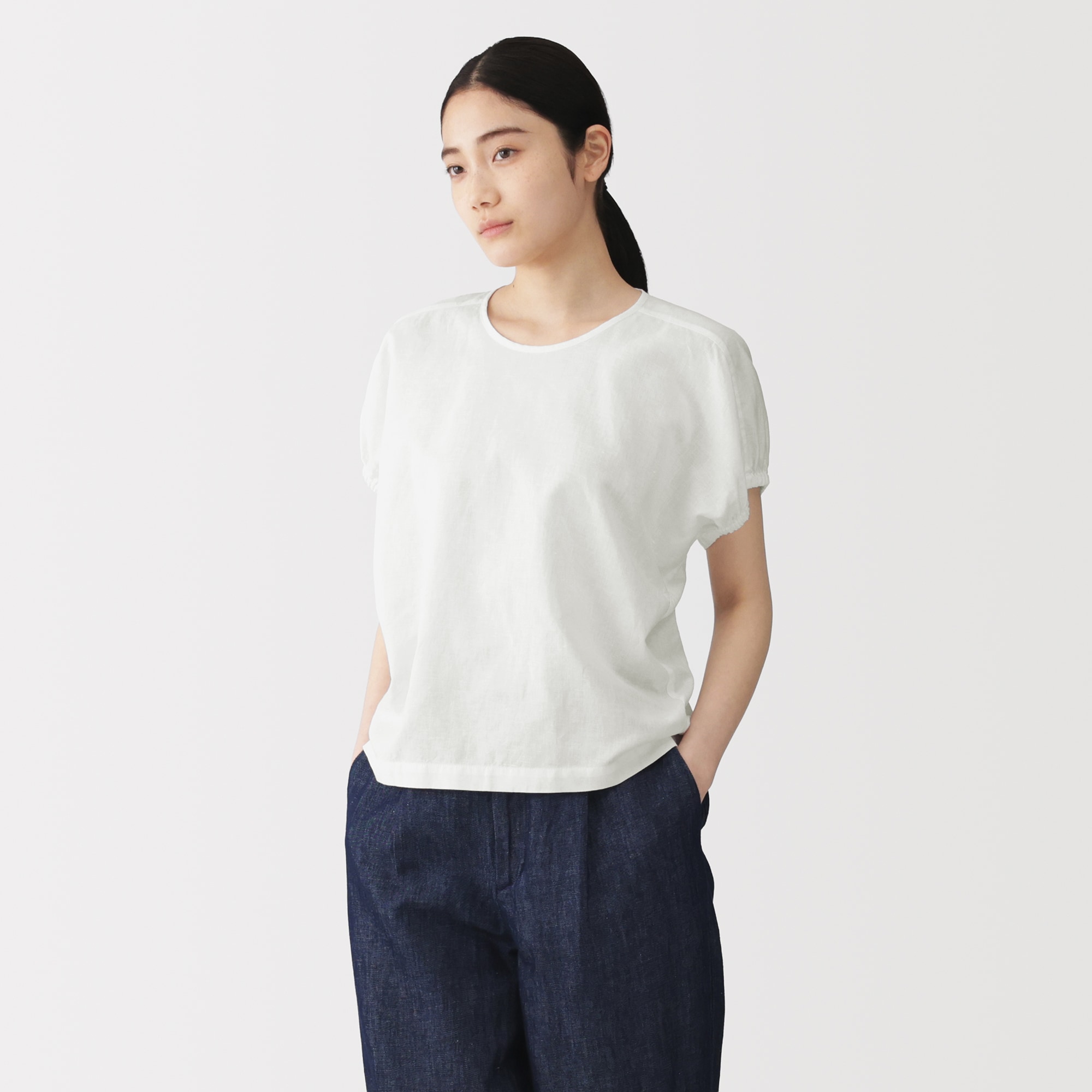 婦人　ヘンプコットン　ギャザースリーブブラウス