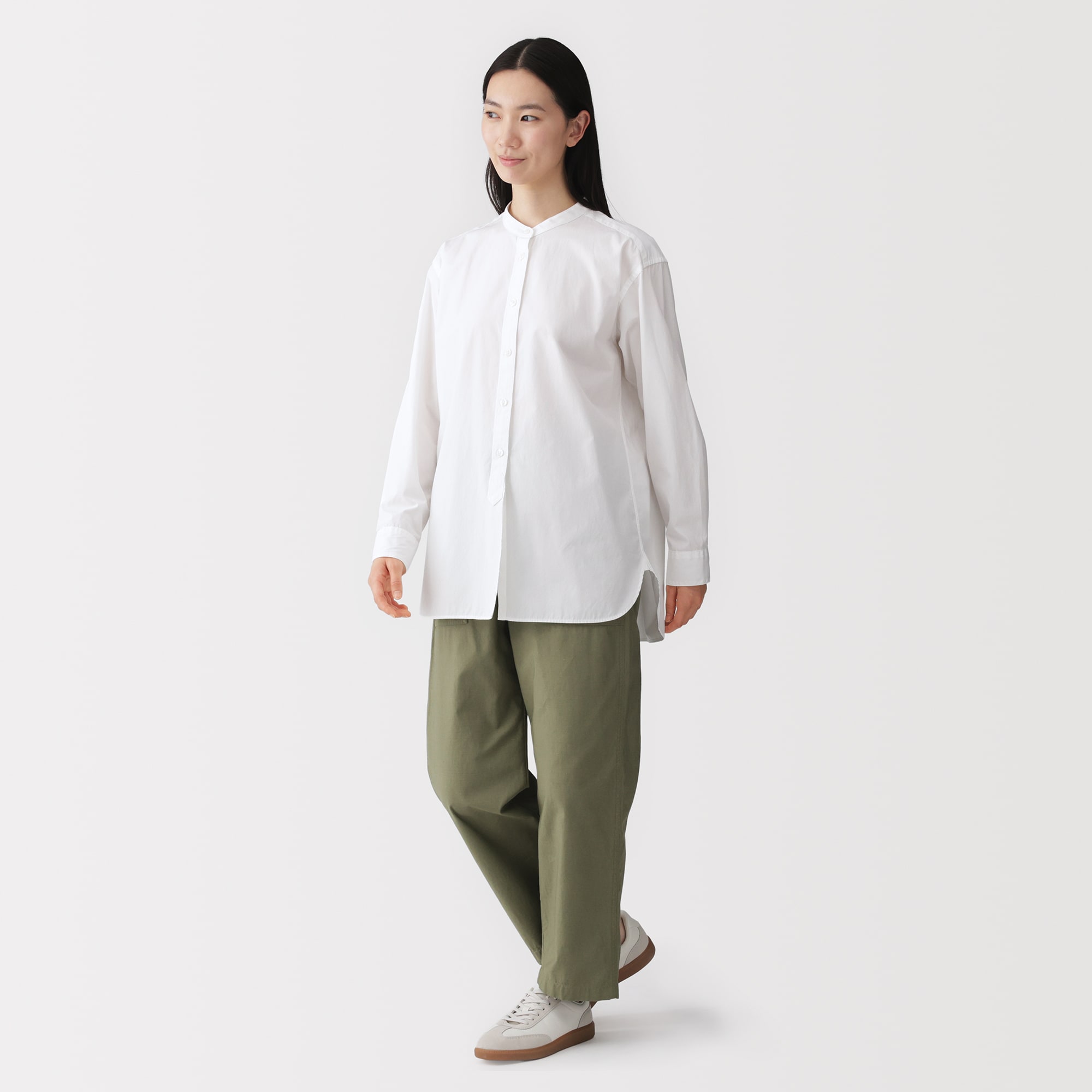 婦人 洗いざらし ブロードスタンドカラー長袖ロングシャツ | 無印良品