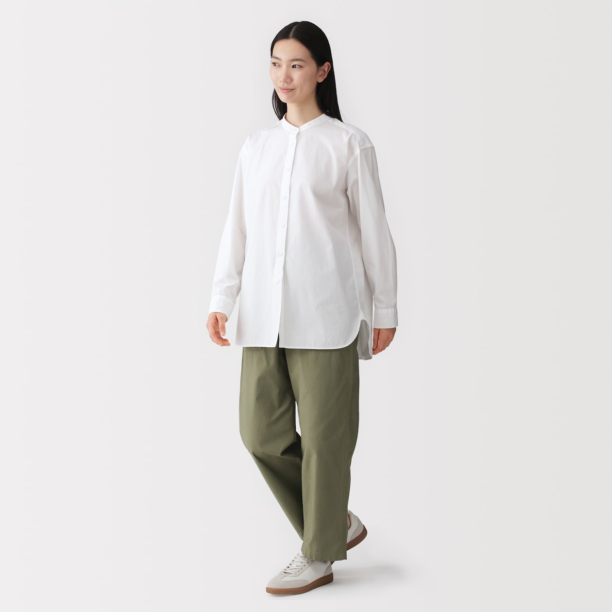 婦人　洗いざらし　ブロードスタンドカラー長袖ロングシャツ