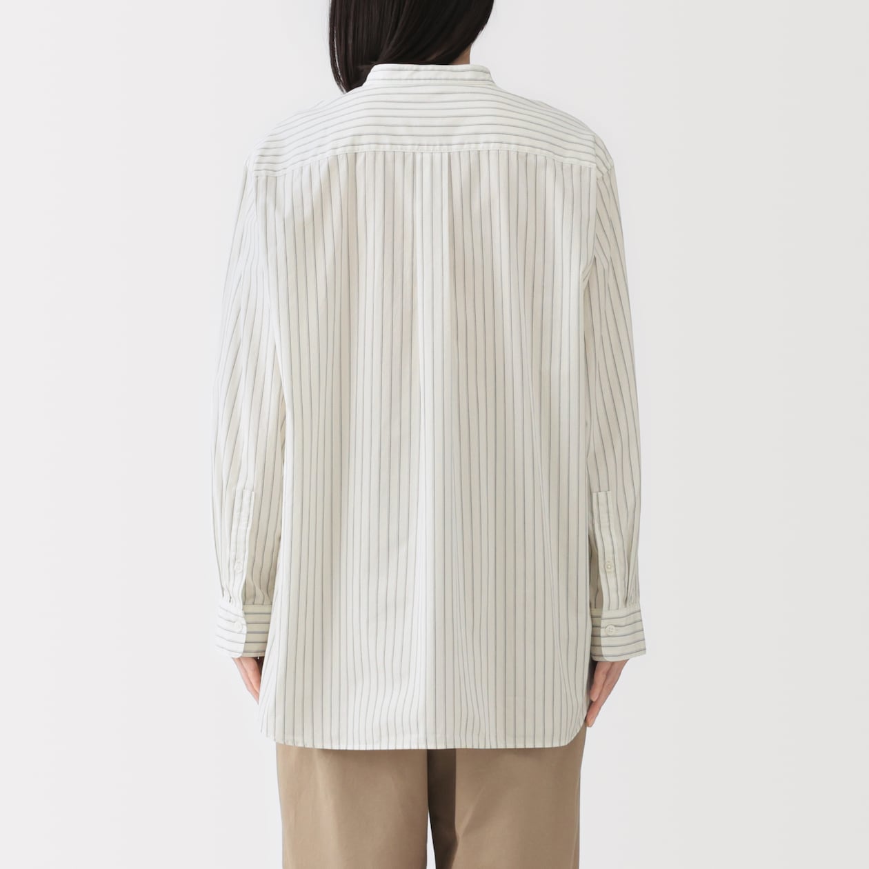 婦人　洗いざらし　ブロードスタンドカラー長袖ロングシャツ