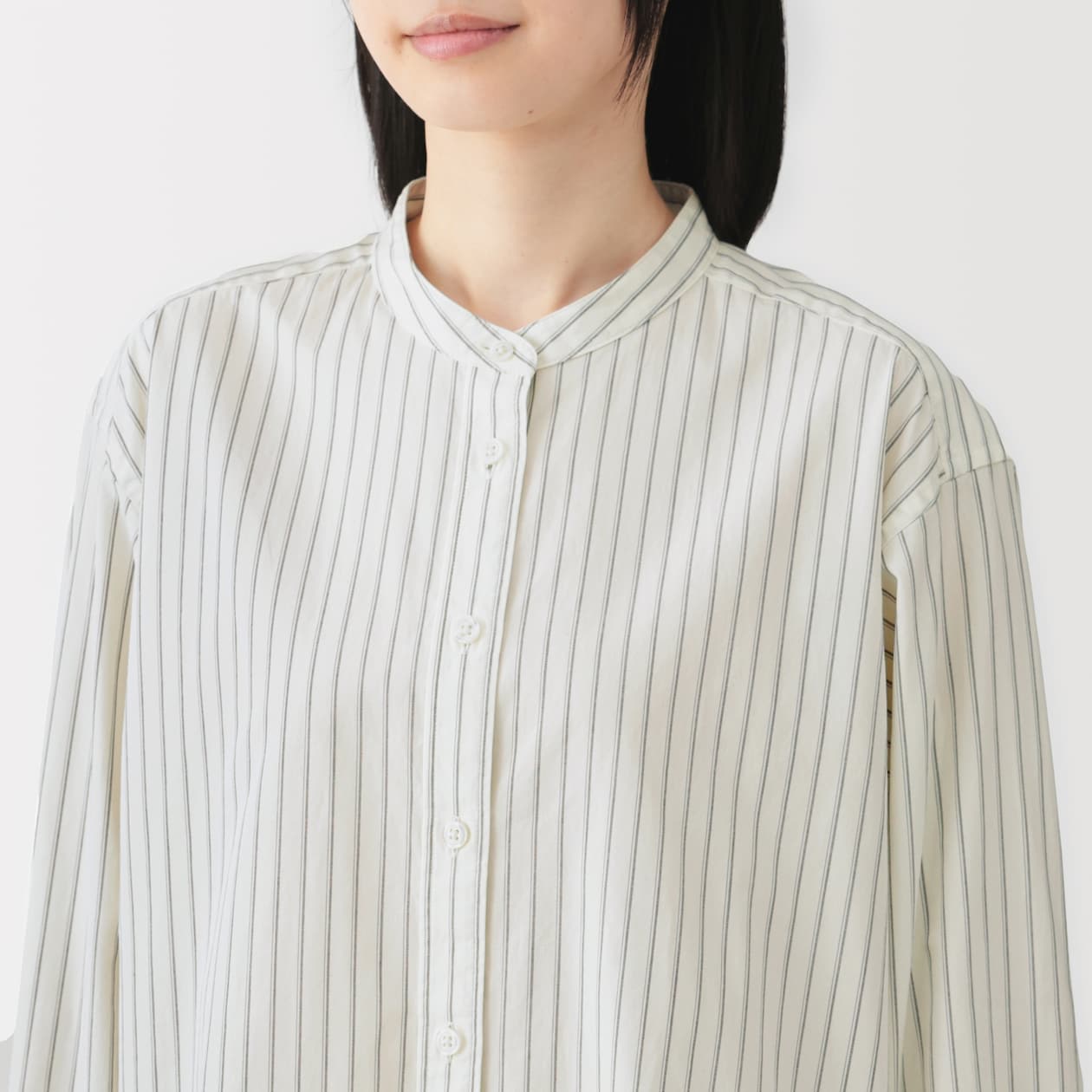 婦人　洗いざらし　ブロードスタンドカラー長袖ロングシャツ