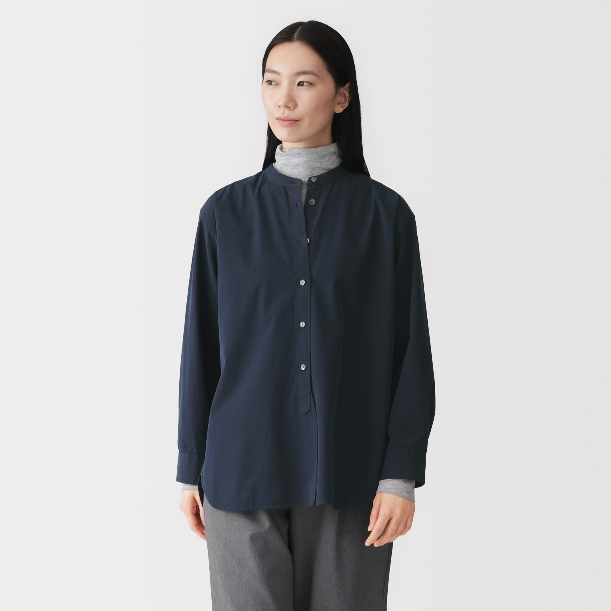 婦人 洗いざらし ブロードスタンドカラー長袖ロングシャツ | 無印良品