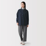 婦人　洗いざらし　ブロードスタンドカラー長袖ロングシャツ