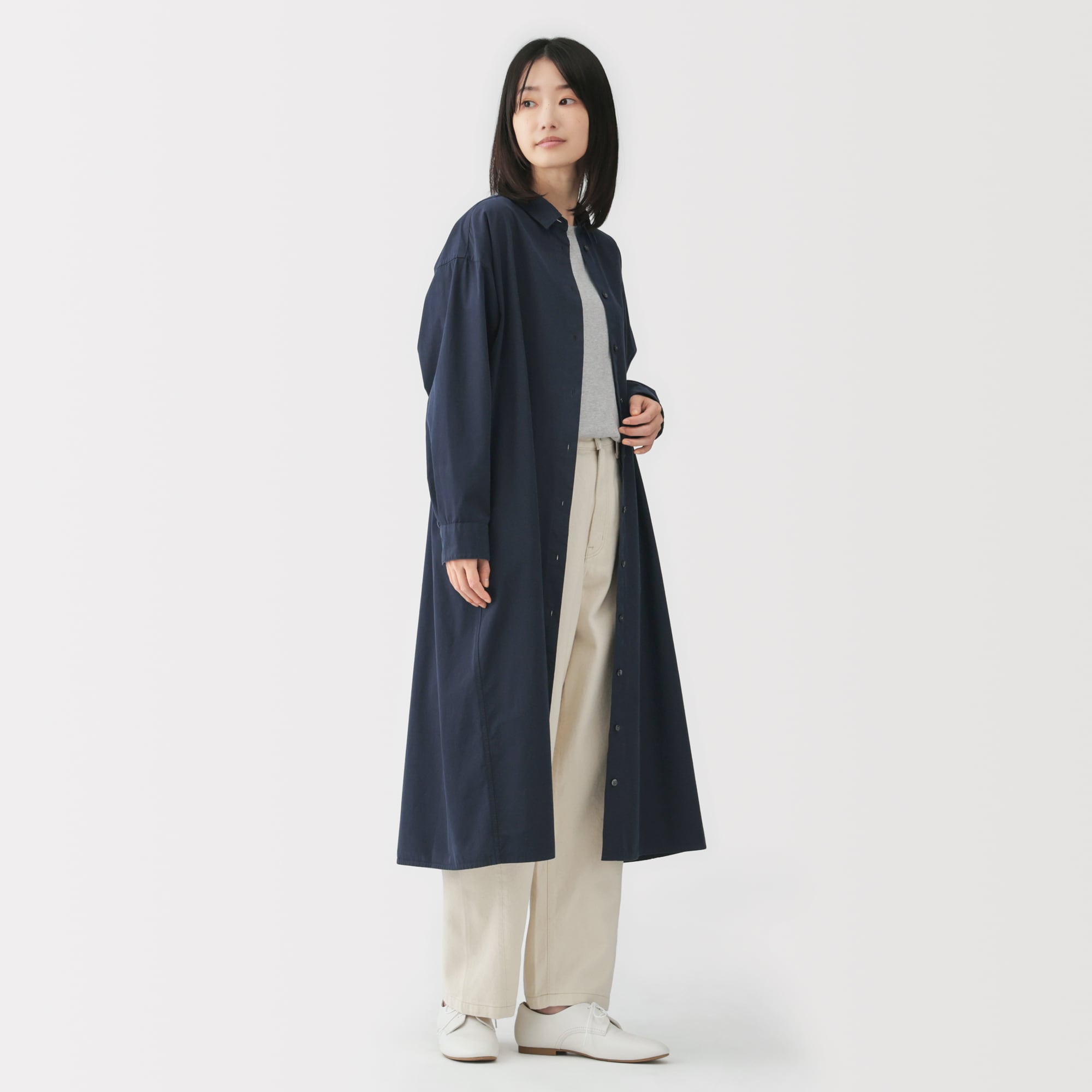 婦人　洗いざらし　ブロード長袖シャツワンピース