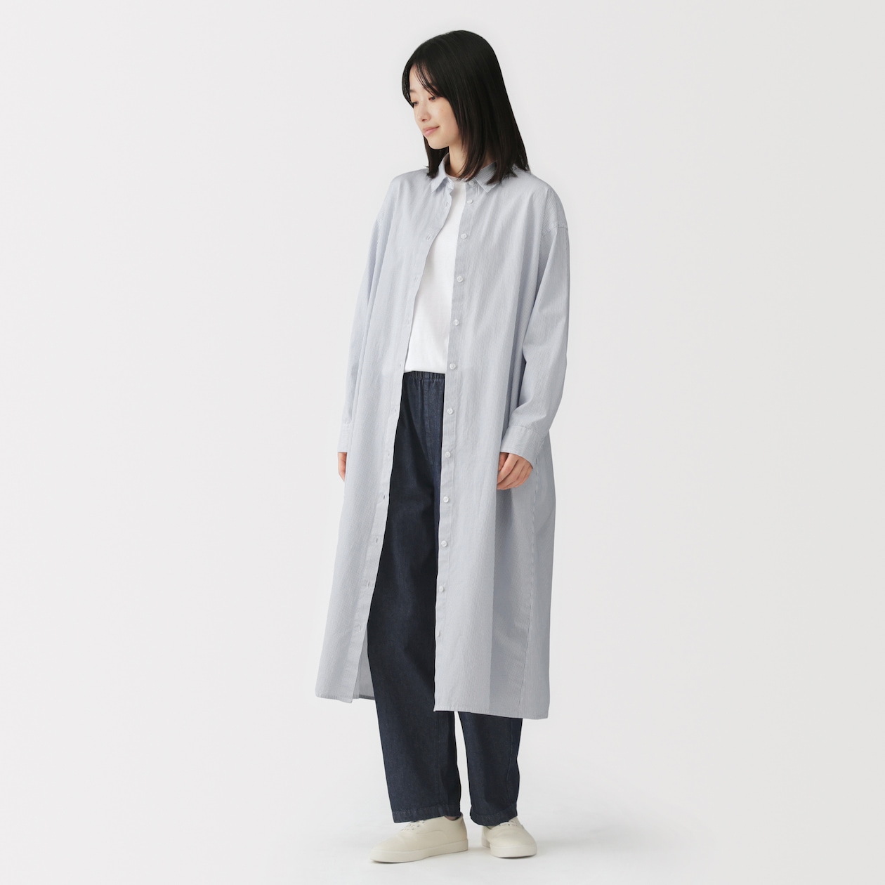 婦人　洗いざらし　ブロード長袖シャツワンピース