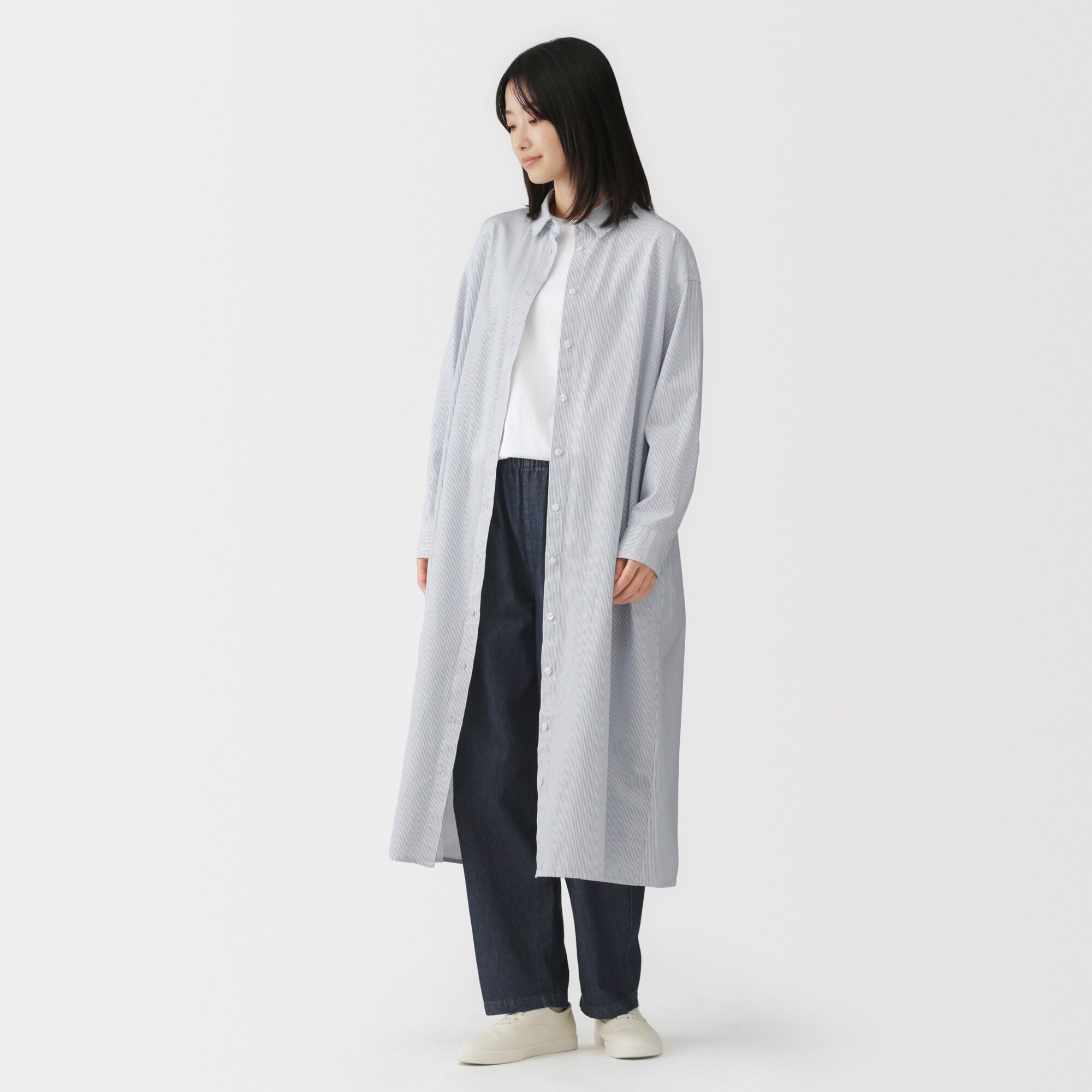 婦人　洗いざらし　ブロード長袖シャツワンピース